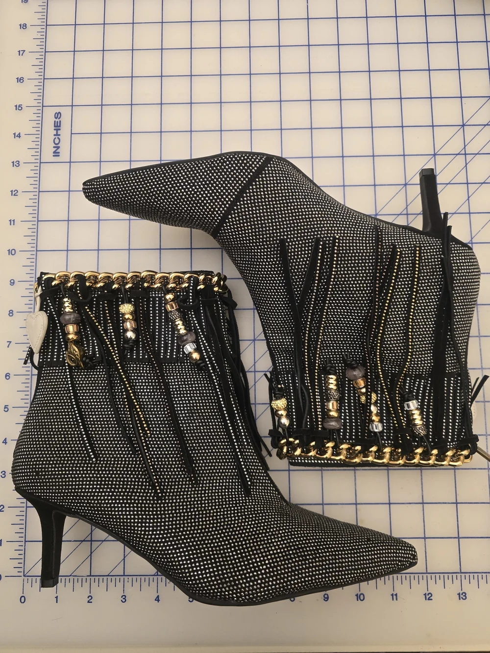 Kurt Geiger Black Rhinestone Fringe Ankle Boots with Gold Chain